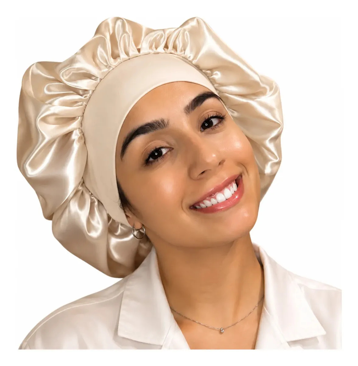 Touca De Cetim Anti Frizz Para Dormir Confortável Bege 0