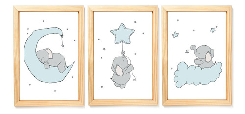 3 Quadros Decorativos Elefante Bebê Estrelas Lua