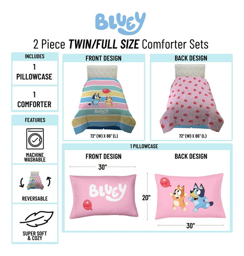 Juego Cama Individual Edredon 2 Vistas Sabanas Bluey 5pz Rosa Bluey