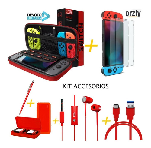 Nintendo Swicth Kit Completo Silicona Estuche Vidrio Templado 9h Original Orzly Accesorios Consola Switch