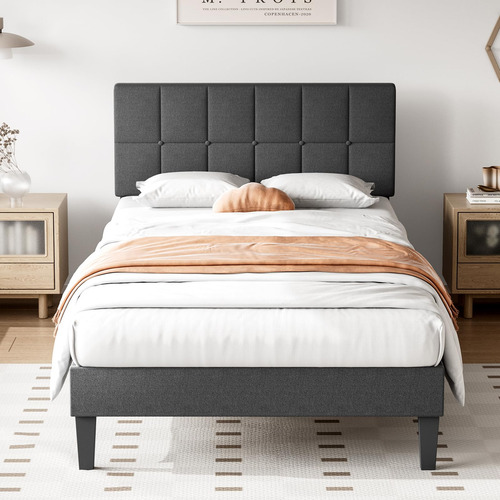 Base De Cama Individual Tapizada En Lino Con Cabecero