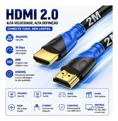 Cabo HDMI 2.1 2m Prata de Alta Velocidade para 8K e 4K