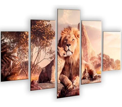 Kit 5 Quadro Mosaico Leão Filhote Savana Montanhas Felino Cor . Cor da armação Borda Infinita