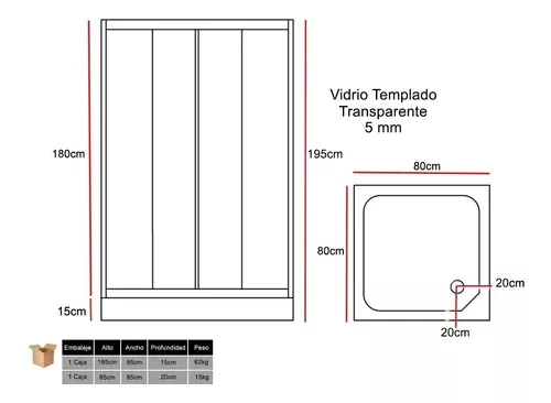 Box Cabina Ducha Cuadrada 80x80 Vidrio Templ Sin Receptáculo