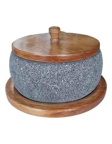 1 Molcajete Con Tapa De Madera De 20 Cm De Diámetro X 8 Cm Negro