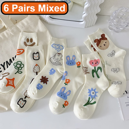 6 Pares De Calcetines De Algodón Con Estampado Floral Y Boni