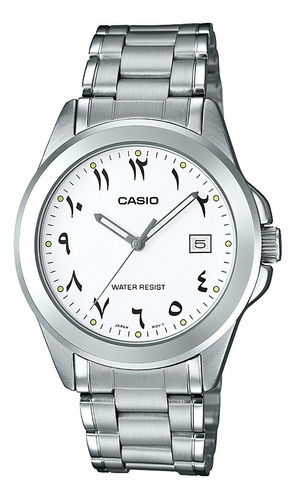 Reloj Casio Modelo Mtp-1215 Números Árabes Color de la correa Plateado Color del bisel Plateado Color del fondo Blanco