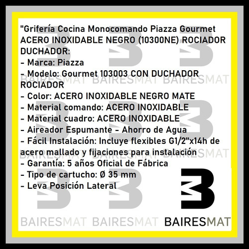 Imagen 3 de 5 de Monocomando Cocina Piazza 10300ne Negra Rociador Extensible