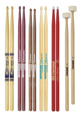 Kit Baquetas Diversas 5b, 5a, 7a, 2b + Feltro Liverpool