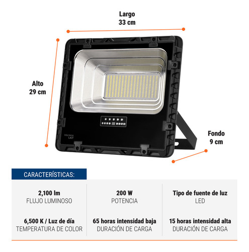 Reflector Led 200 W con panel solar, luz de día 6500K Volteck REF-506SL