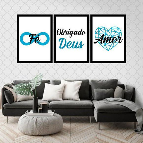 Kit 3 Quadros Decorativos Fé Obrigado Deus Amor Azul 34x23cm