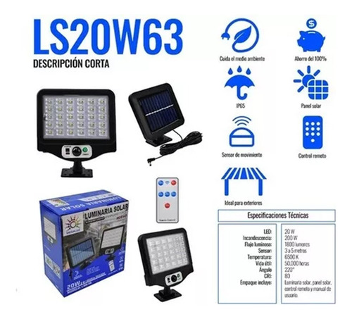 Lampara Solar Panel 20w Equivale 200w Cuadrada Color Negro