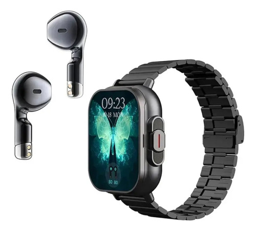 Reloj inteligente D8 2025 Bluetooth TWS 2 en 1 para android y iOS funda de acero negro PROTECNO auriculares incorporados malla resistente