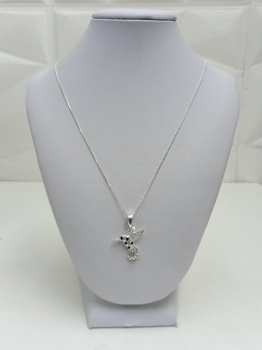 Collar Colgante Colibrí Circon Negro En Plata 925 Mas Caja