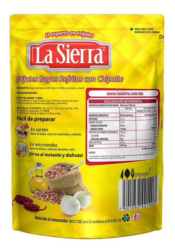 3 Sobres Frijoles Bayos Refritos Con Chipotle 430g La Sierra