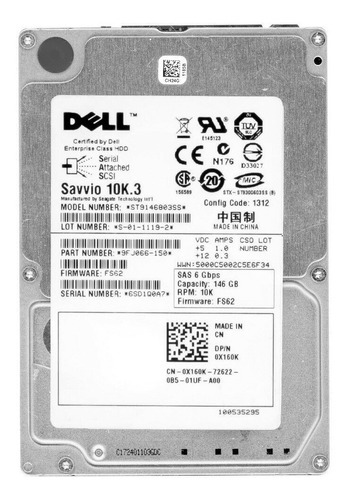 Hd Dell 146gb 10k 6gbps Sas 0x160k 9fj066-150 St9146803ss Cor Prata