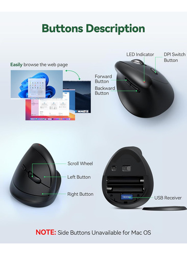Mouse Sem Fio Vertical Tecknet, Mouse Ergonômico Para Pequen