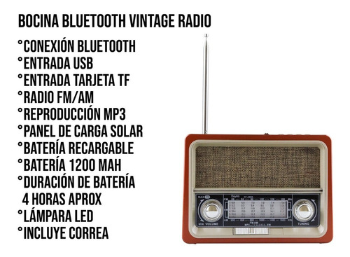 Imagen 2 de 10 de Bocina Portatil Radio Am Fm Usb Bluetooth Recargable Retro