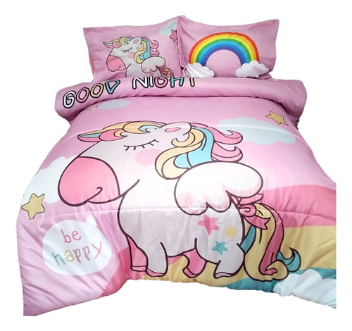 Cubrelecho Acolchado Infantil Unicornios Cama Sencilla