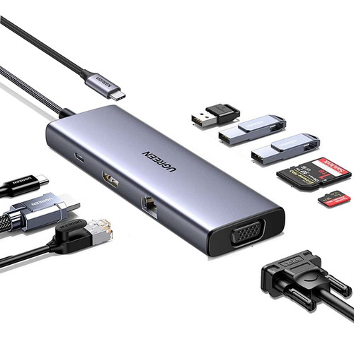 Adaptador Hub Usb C 9 En 1, 3 Usb-a/hdmi/vga/sd Ugreen 15600