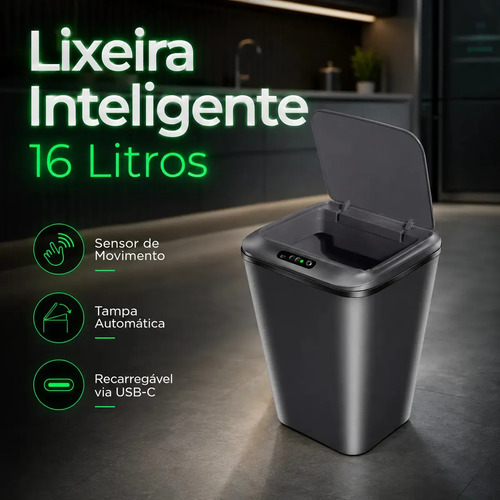 Lixeira Inteligente Automática 16l Com Sensor Infravermelho Recarregável Usb Sistema Anti Odor Tampa Touchless Para Banheiro Cozinha Cor ...