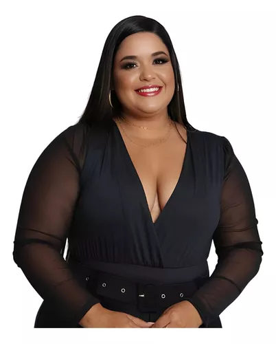 Body Decotado Plus Size Preto Feminino Manga Em Tule Lindo 2