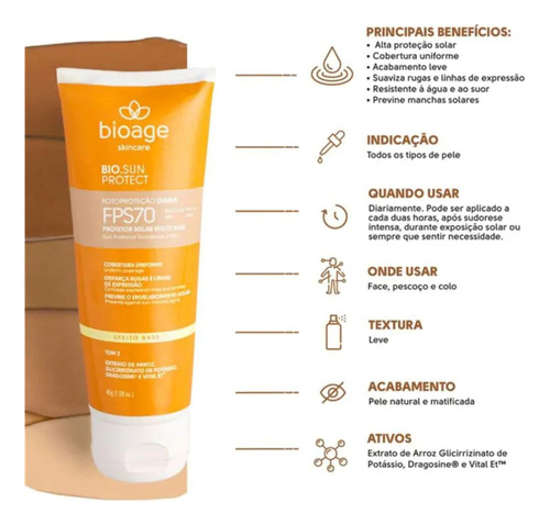Protetor Solar Facial Efeito Base Fps70 - Bioage - Tom 4