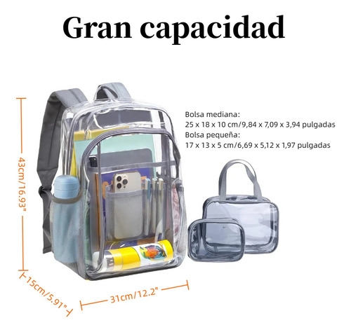 Paquete De 3 Mochilas Escolares Impermeables - Incluye Mochila Transparente, Lonchera Y Estuche, Unisex Y Cómoda Para La Escuela Y Viaje