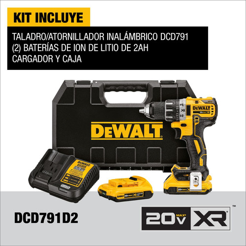 Taladro Ator. Sin Carbones 20v Xr + 2 Bat Dewalt Dcd791d2-b2