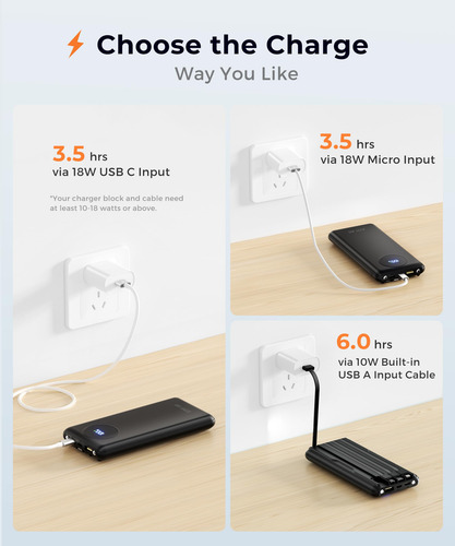 Powerbank Portátil Joyfar 10000mah Usb C Con Cable