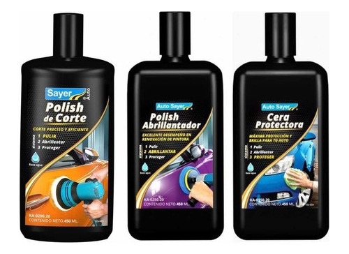 Kit 3 Pz Polish De Corte Abrillantador Y Cera Sayer 1.350l 