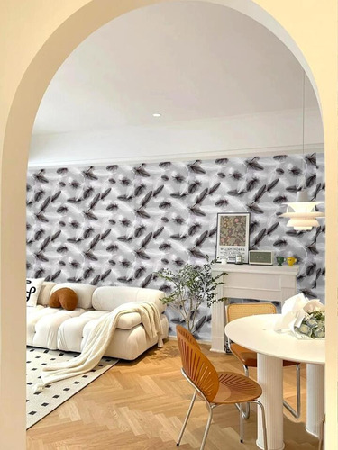 Papel Mural Patrón Plumas Gris, Negra Y Blanco Texturizado