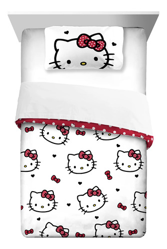 Edredon Hello Kitty 2pz Individual / Matrimonial Niñas *sk Color Blanco/rojo Diseño De La Tela Estampado