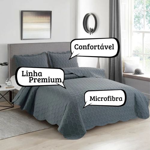 Colcha Matelassê Casal 3 Pçs Camesa 240x220 Cobre Leito Cor Chumbo Ilusion Favo