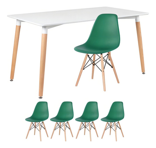 Conjunto Jantar Eames Mesa 140 X80 Cm 4 Lugares Cadeiras Cor Mesa Branco Com Cadeiras Verde Escuro