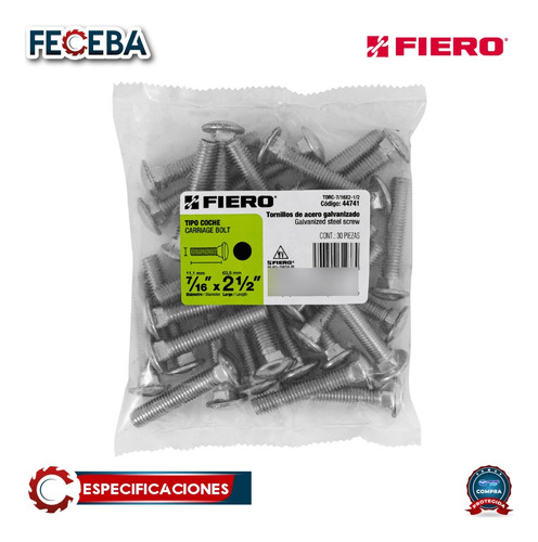 Bolsa Con 30 Tornillos 7/16 X 2-1/2 Tipo Coche Fiero 44741