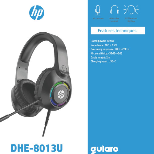 Auriculares Gamer Hp Dhe-8013u Con Microfono Luces Led Negro