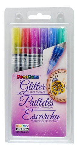 6 Marcadores Con Glitter Decocolor Uchida Marvy Brillo Japon