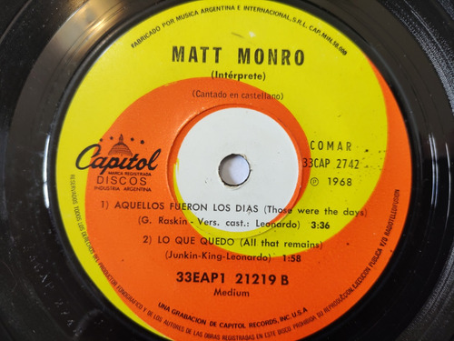 Vinilo Ep De Matt Monro Todo Pasará (f123 (Usado)