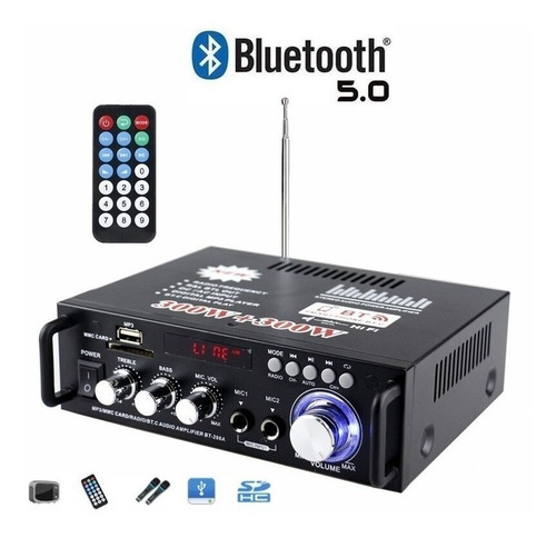 Miniamplificador Bluetooth Usb P/radio Fm Auxiliar 2canales