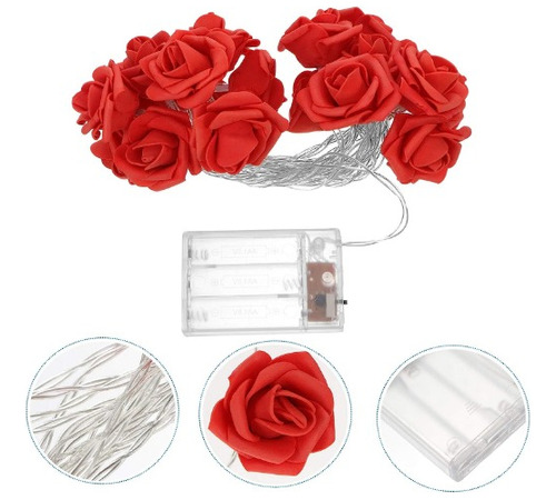 Cordão De Led Luminoso Pisca/fixa 20 Rosas Luminária Pilha Cor das luzes Vermelho/Rosa