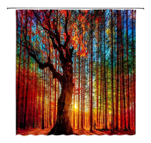 Chui Decor Cortina Ducha Bosque Otoñal, Puesta Sol, Árbol