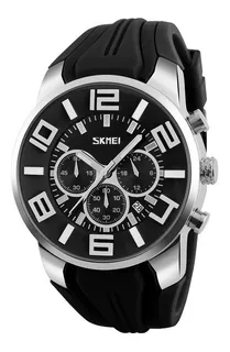 Reloj de pulsera Skmei 9128 de cuerpo color plateado, analógico, para hombre, fondo negro, con correa de silicona color negro, agujas color gris y blanco, dial gris, subesferas color negro y gris, min