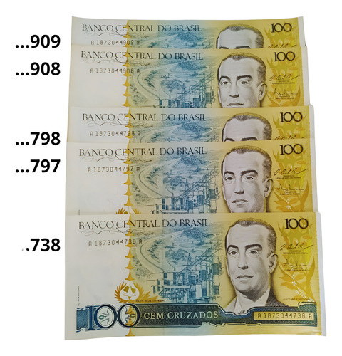 Kit 5un Cédulas 100 Cruzados Juscelino Kubitschek Sequencial (Usado)