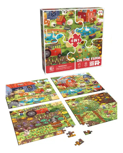 Set De 4 Puzzles En 1 Animales De Granja +4 Años 174 Piezas