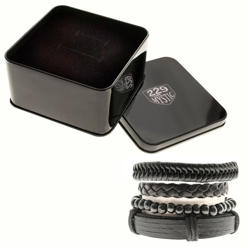 Imagen 4 de 7 de Pulsera Hombre Conjunto 4 En 1 Trenzas Bolitas Cuero Negro