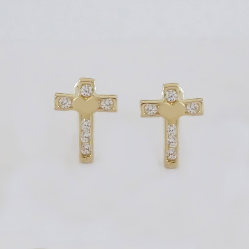 Amor Eterno - Broquel Aretes Cruz Corazón Diamante / Oro 10k
