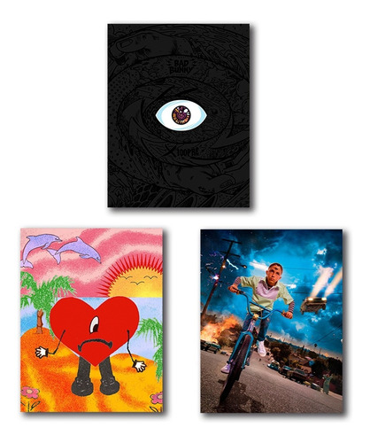 Cuadros Decorativos Bad Bunny Albums 3 Piezas Personalizadas