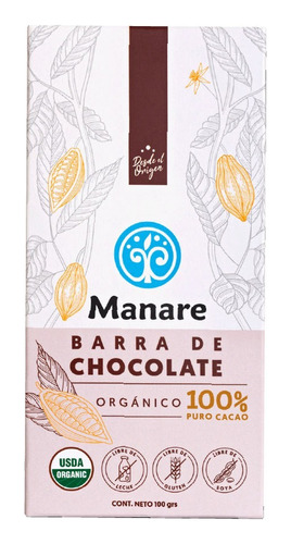 Barra Chocolate Orgánico Manare 100% Cacao 100g. Agronewen