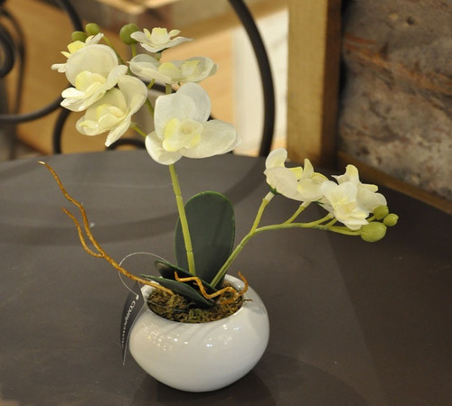 Orquídea Artificial En Maceta De Cerámica Blanca Esmaltada